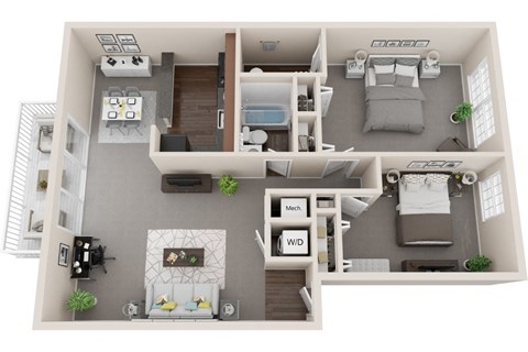 2 bed 1 bath, 962sf 3d floor plan  at Kenilworth at Charles Apartments, Towson